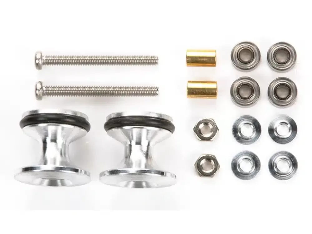 15418.webp TAMIYA 15418 1/32 MINI 4WD DOUBLE ALUMINUM ROLLERS w/RUBBER RINGS (13-12mm) - Image 1