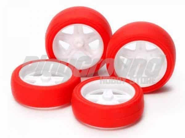 15504_1-600x450-1-1.jpg Tamiya 15504 1/32 Mini 4WD JR Large-Diameter 5-Spoke Wheels & Hard Red Slick Tires - Image 1
