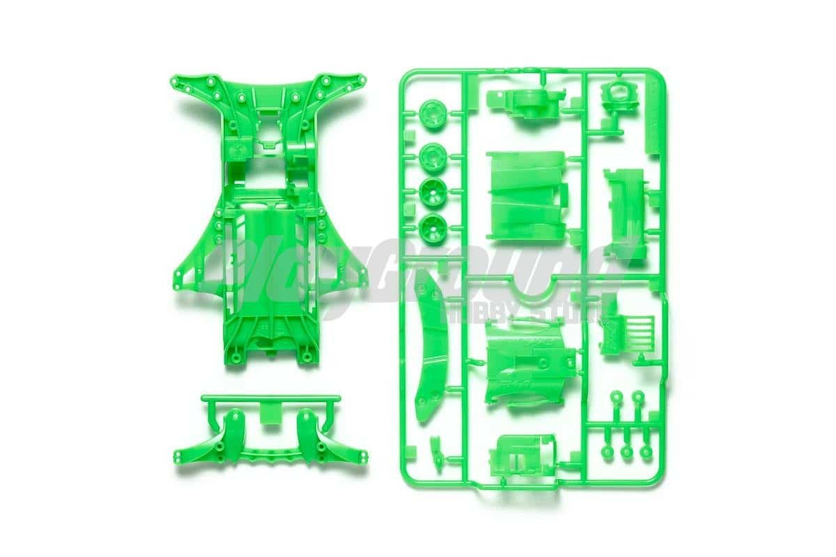 29505eacfdbfa5b0572396a778591c4f-1.jpg Tamiya 95476 1/32 Mini 4WD FM-A Fluorescent-Color Chassis Set (Green) - Image 1