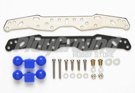 95006-1.jpg Tamiya 95006 1/32 Mini 4WD Plate Weight(Sliver)w/FRP Multi-Roller Setting Stay - Image 1