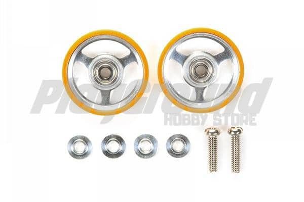 95349-1.jpg Tamiya 95349 1/32 Mini 4WD JR 17mm Aluminum Rollers – w/Plastic Rings (Orange) - Image 1
