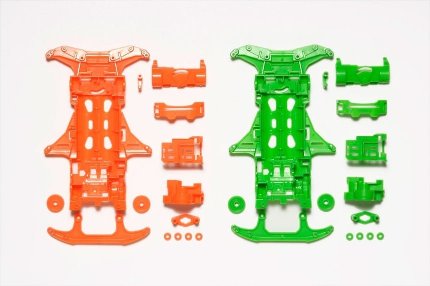 95355.jpeg Tamiya 95355 1/32 Mini 4WD FLUORESCENT CHASSIS SET Vs Chassis (Orange/Green) - Image 1
