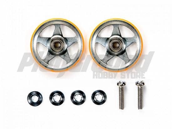 95385-1.jpg Tamiya 95385 1/32 Mini 4WD 19mm Aluminum Rollers (5 Spokes) w/Plastic Rings (Orange) - Image 1