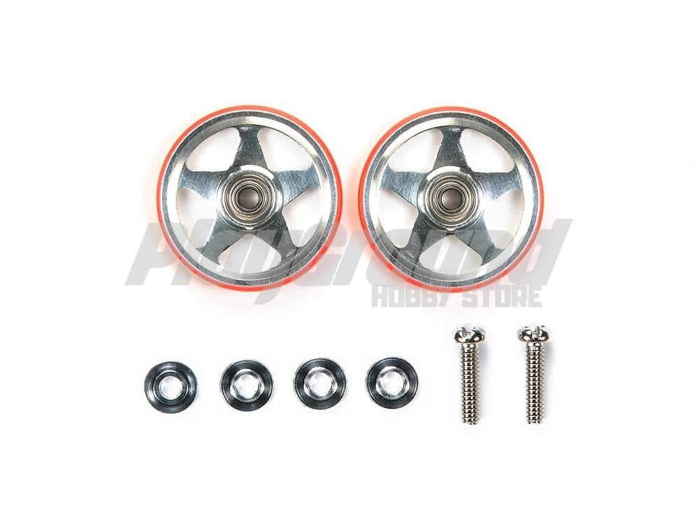 95396-1.jpg TAMIYA 95396 1/32 MINI 4WD 19MM ALUMINUM ROLLERS (5 SPOKES) W/PLASTIC RINGS (RED) - Image 1