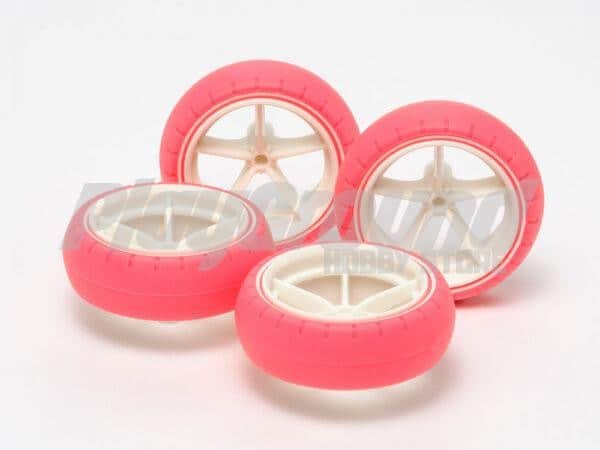 95460_1-600x450-1-1.jpg Tamiya 95460 1/32 Mini 4WD Large Dia. Narrow Fiberglass Wheels & Arched Tires (Fluorescent Pink) - Image 1