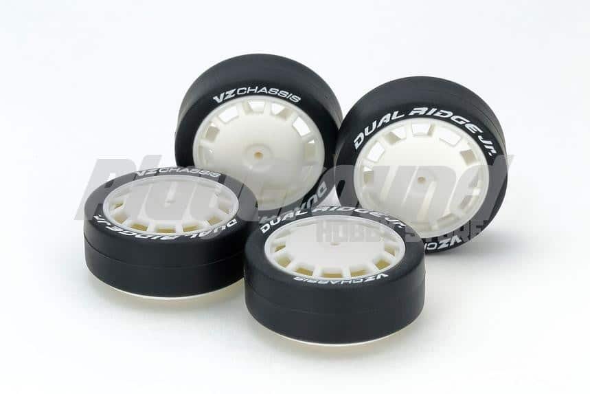 95631-1.jpg Tamiya 95631 1/32 Super Hard Low Height Tires & Reinforced Dish Wheels (Dual Ridge Jr.) - Image 1