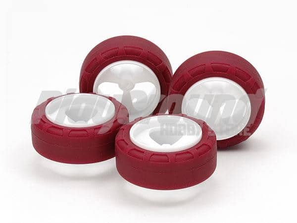 95634-1.jpg Tamiya Mini 4WD 95634 Low Friction Small Dia. Narrow Tires (24mm) & 3-Spoke Wheels - Image 1