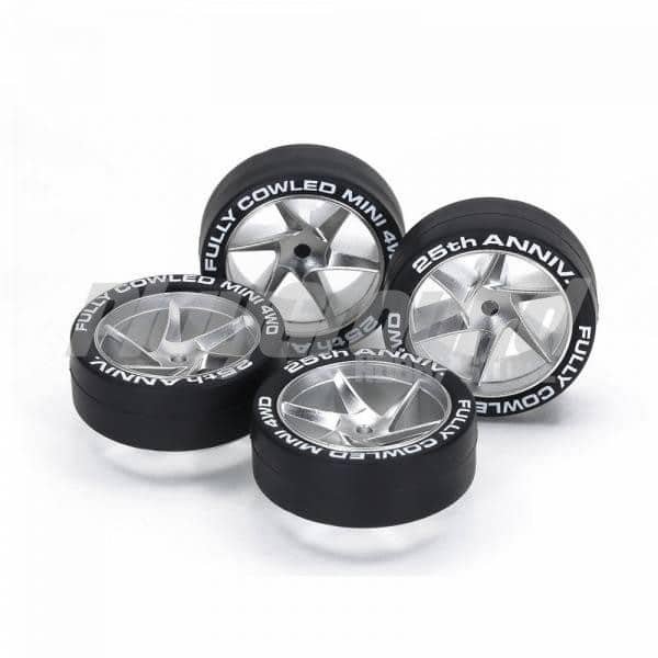 b63eb333832e8da0042261fe33ded28c-1.jpg Tamiya 95117 Mini 4wd Fully Cowled 25th. Super Hard Tires & Matt Chrome Wheels - Image 1