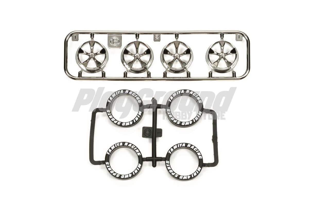 c0fff4a2d2f43723c50c8161b71b4e9d-1.jpg Tamiya 95330 Lo-Pro Tire/Wheel Set Black Plated (5-Spoke) - Image 1