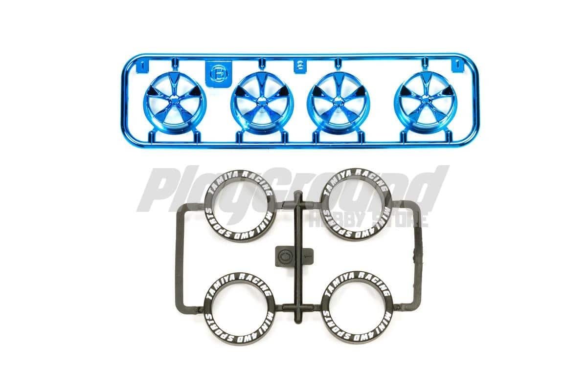 f7d952aa05753965aea5886efc9930b6-1.jpg Tamiya 95332 Lo-Pro Tire/Wheel Set Blue Plated (5-Spoke) - Image 1